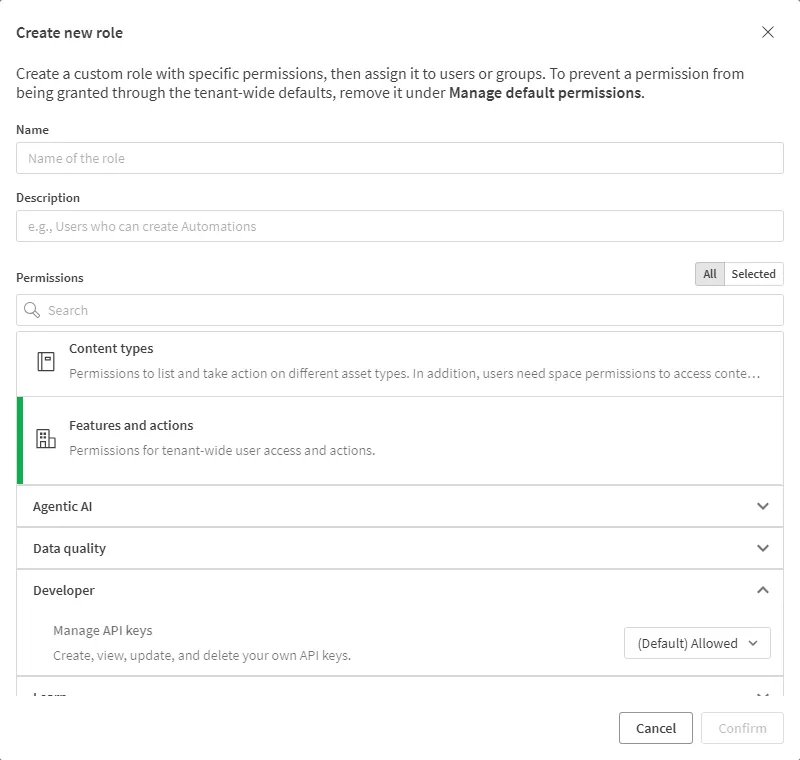 Create new role dialog with the Manage API Keys permission selected