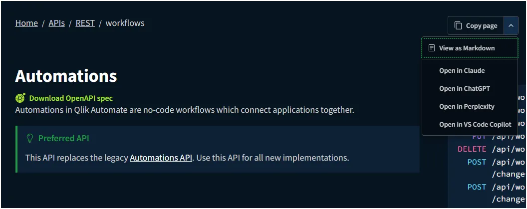 Dropdown menu showing View as Markdown, Open in ChatGPT, Open in Claude, Open in Perplexity, and Open in VS Code Copilot