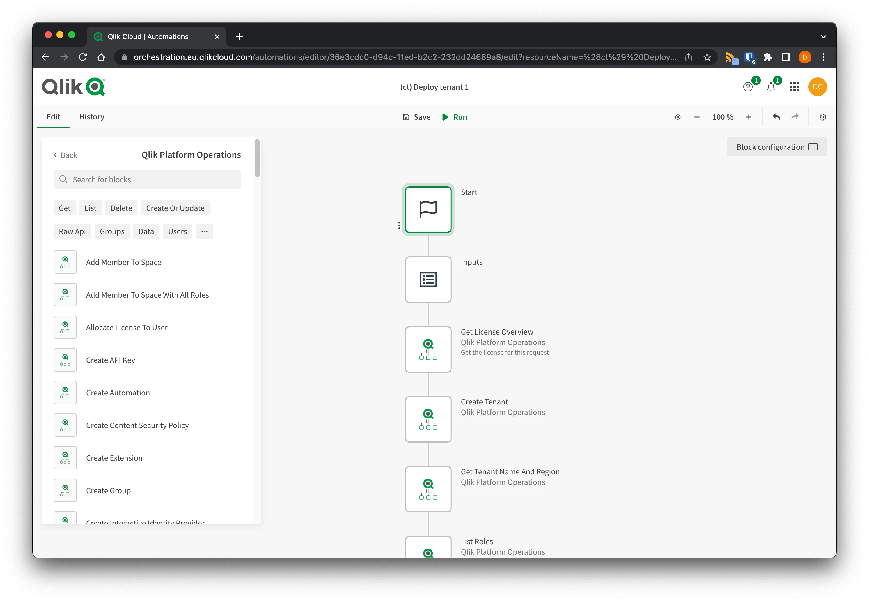 Browser window showing the platform operations connector in Automate